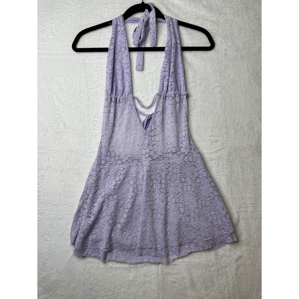 Edikted Lace Halter Mini Dress Womens XS Purple Floral Open Back Sheer